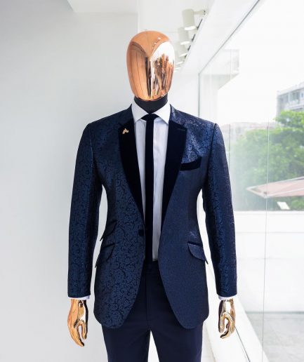 A Navy blue, floral pattern jacquard, slim notch lapel tuxedo suit