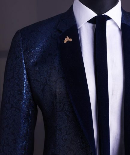 A Navy blue, floral pattern jacquard, slim notch lapel tuxedo suit