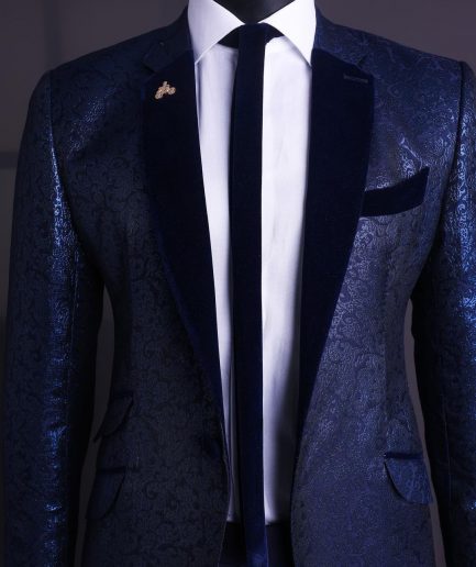 A Navy blue, floral pattern jacquard, slim notch lapel tuxedo suit