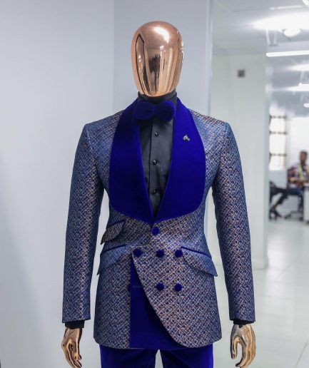 A Reloaded “pirate”, spotted navy blue and orange metallic jacquard, shawl lapel tuxedo suit