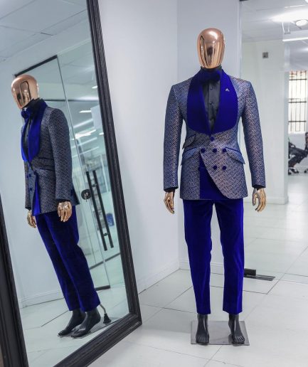 A Reloaded “pirate”, spotted navy blue and orange metallic jacquard, shawl lapel tuxedo suit