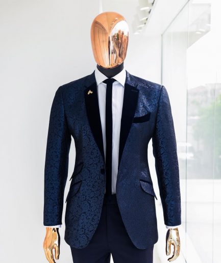 A Navy blue, floral pattern jacquard, slim notch lapel tuxedo suit