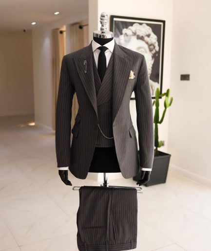 A Grey Pencil Stripe, Nobility, Knitted, Peak Lapel Suit