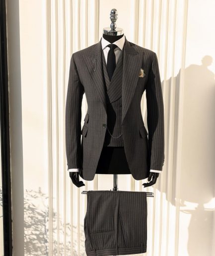 A Grey Pencil Stripe, Nobility, Knitted, Peak Lapel Suit