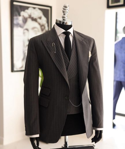 A Grey Pencil Stripe, Nobility, Knitted, Peak Lapel Suit