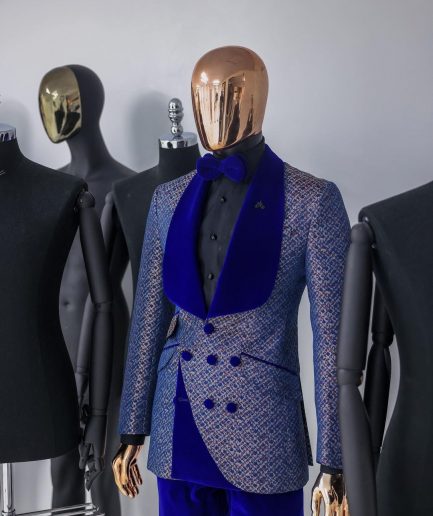 A Reloaded “pirate”, spotted navy blue and orange metallic jacquard, shawl lapel tuxedo suit