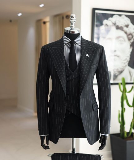 A Charcoal Grey, Ivory Pencil Stripe, Jorgecarli, Knitted Peak Lapel Suit