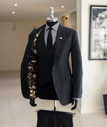 A Charcoal Grey, Ivory Pencil Stripe, Jorgecarli, Knitted Peak Lapel Suit