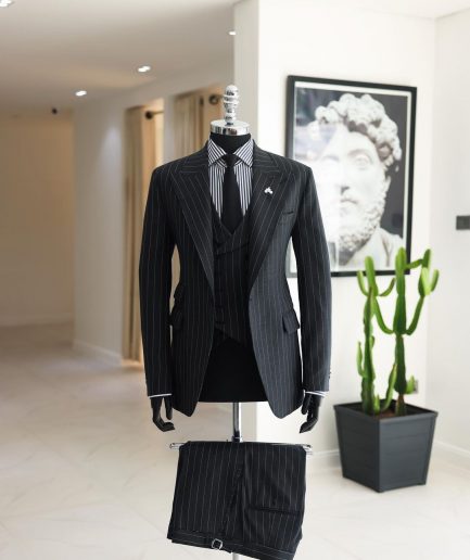 A Charcoal Grey, Ivory Pencil Stripe, Jorgecarli, Knitted Peak Lapel Suit