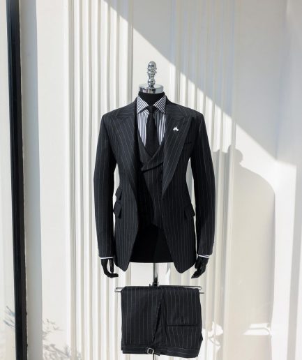 A Charcoal Grey, Ivory Pencil Stripe, Jorgecarli, Knitted Peak Lapel Suit