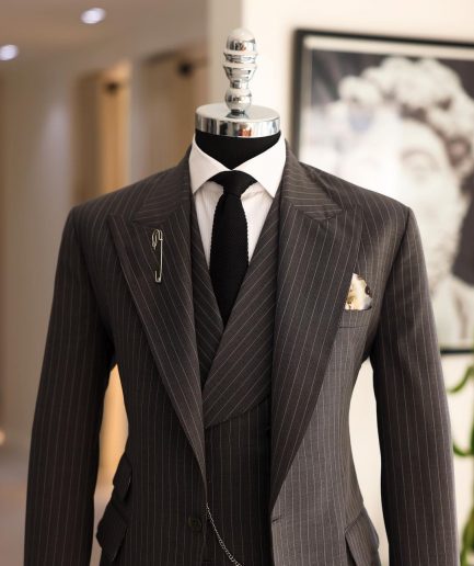 A Grey Pencil Stripe, Nobility, Knitted, Peak Lapel Suit