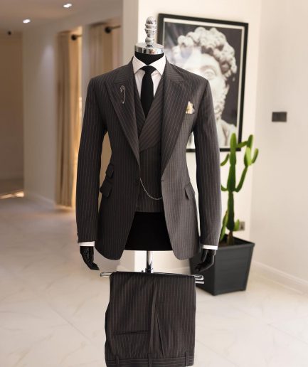 A Grey Pencil Stripe, Nobility, Knitted, Peak Lapel Suit