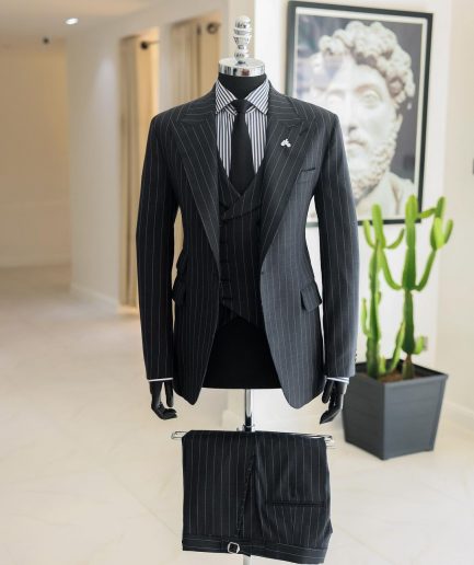 A Charcoal Grey, Ivory Pencil Stripe, Jorgecarli, Knitted Peak Lapel Suit
