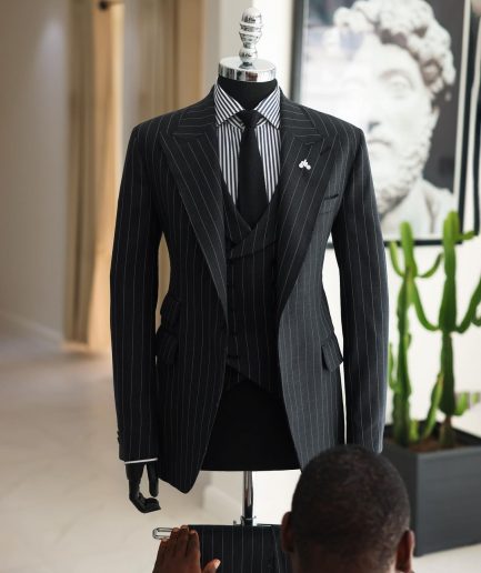 A Charcoal Grey, Ivory Pencil Stripe, Jorgecarli, Knitted Peak Lapel Suit