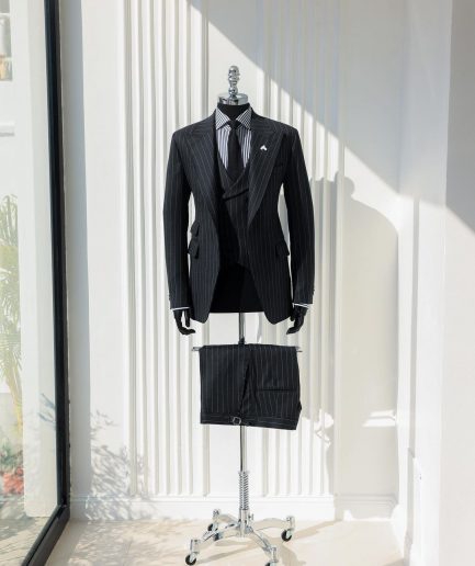A Charcoal Grey, Ivory Pencil Stripe, Jorgecarli, Knitted Peak Lapel Suit
