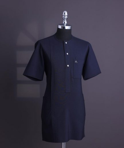 A Midnight blue, brown Aaron wool, front flap with silver Swarovski button, shorts sleeve African senator kaftan native.