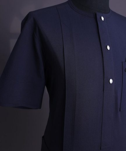 A Midnight blue, brown Aaron wool, front flap with silver Swarovski button, shorts sleeve African senator kaftan native.