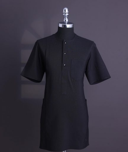 A Charcoal black, brown Aaron wool, front flap with black Swarovski button, shorts sleeve African senator kaftan native.