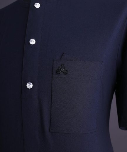 A Midnight blue, brown Aaron wool, front flap with silver Swarovski button, shorts sleeve African senator kaftan native.