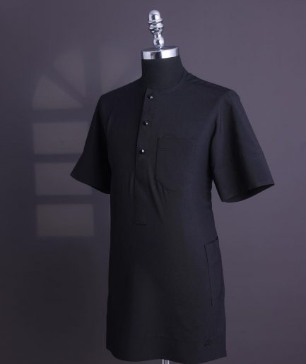 A Charcoal black, brown Aaron wool, front flap with black Swarovski button, shorts sleeve African senator kaftan native.