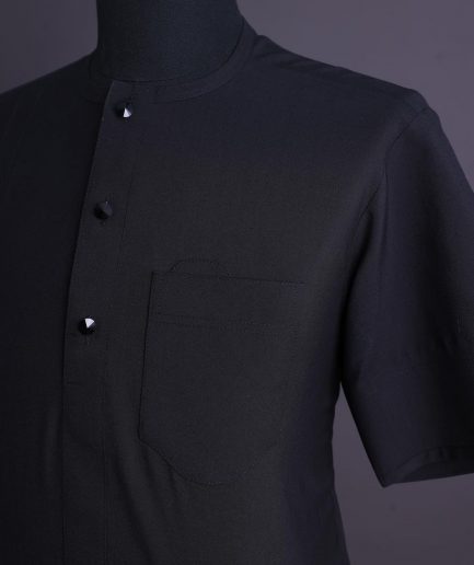 A Charcoal black, brown Aaron wool, front flap with black Swarovski button, shorts sleeve African senator kaftan native.