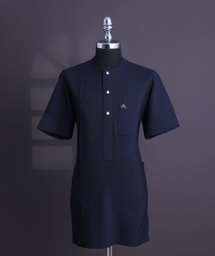 A Midnight blue, brown Aaron wool, front flap with silver Swarovski button, shorts sleeve African senator kaftan native.