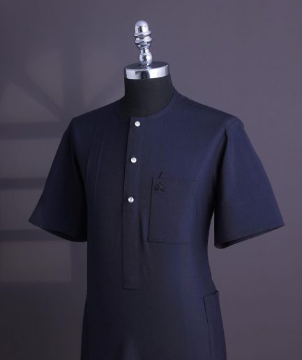 A Midnight blue, brown Aaron wool, front flap with silver Swarovski button, shorts sleeve African senator kaftan native.
