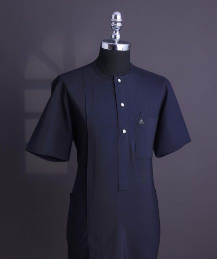 A Midnight blue, brown Aaron wool, front flap with silver Swarovski button, shorts sleeve African senator kaftan native.