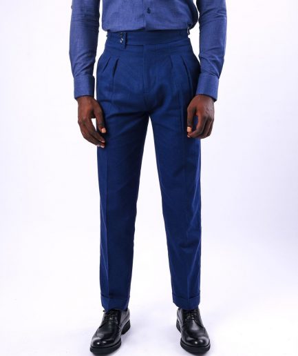 A Navy blue, Gurkha pant with double pleats trouser.