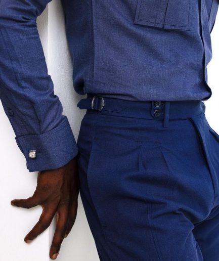 A Navy blue, Gurkha pant with double pleats trouser.