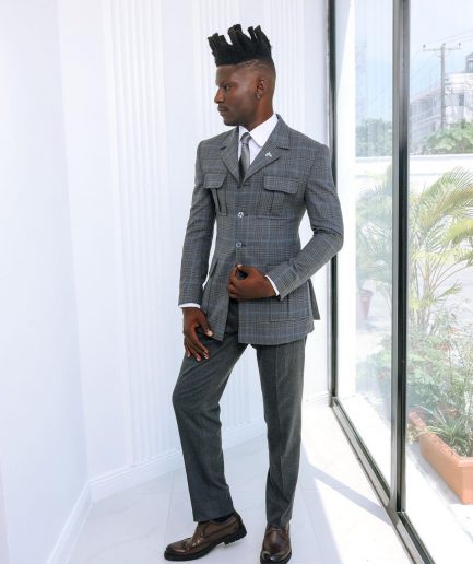 A Grey and light blue tattersall check overcoat