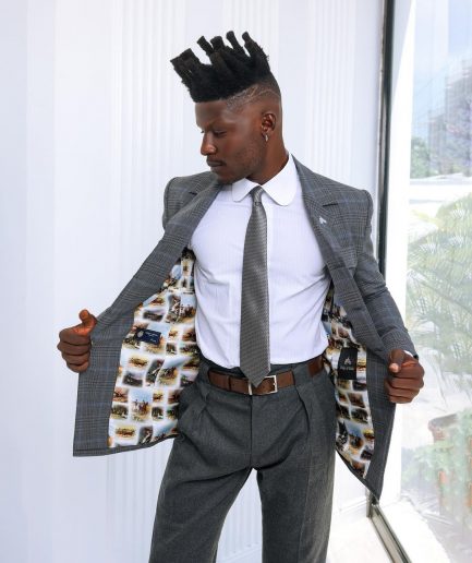 A Grey and light blue tattersall check overcoat