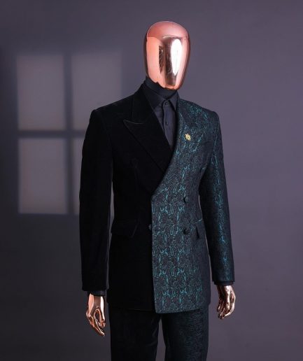 An Emerald green & black “rival” 1/4 cut ocean element peak lapel double breasted jacquard suit