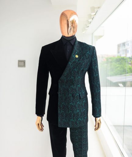 An Emerald green & black “rival” 1/4 cut ocean element peak lapel double breasted jacquard suit