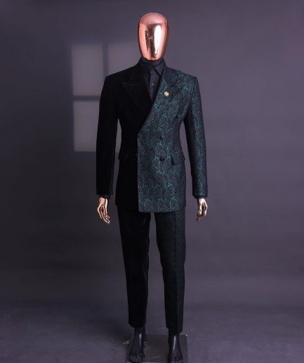 An Emerald green & black “rival” 1/4 cut ocean element peak lapel double breasted jacquard suit
