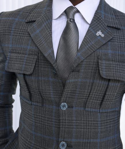 A Grey and light blue tattersall check overcoat
