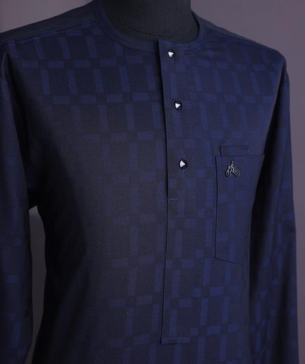 A Midnight blue, broken rectangle and square pattern, jorgecarli, front flap with black Swarovski button, long sleeve African senator kaftan native.
