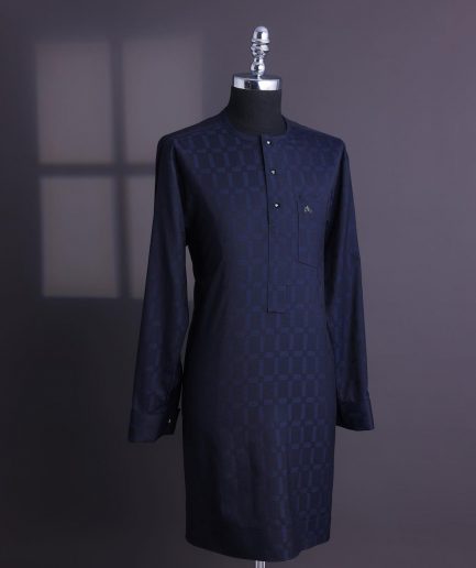 A Midnight blue, broken rectangle and square pattern, jorgecarli, front flap with black Swarovski button, long sleeve African senator kaftan native.