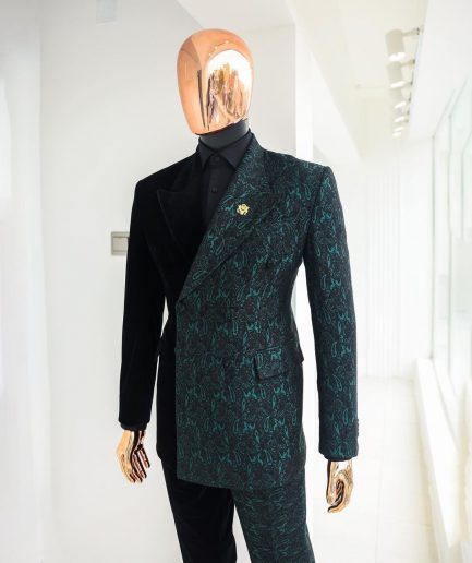 An Emerald green & black “rival” 1/4 cut ocean element peak lapel double breasted jacquard suit