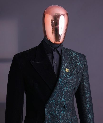 An Emerald green & black “rival” 1/4 cut ocean element peak lapel double breasted jacquard suit