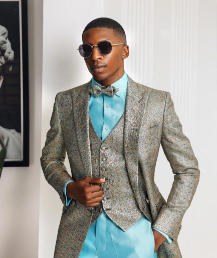 A Splashed gold & turquoise blue metallic jacquard double-breasted suit