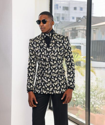 A Charcoal Black, insect element, metallic jacquard shawl lapel wrap suit