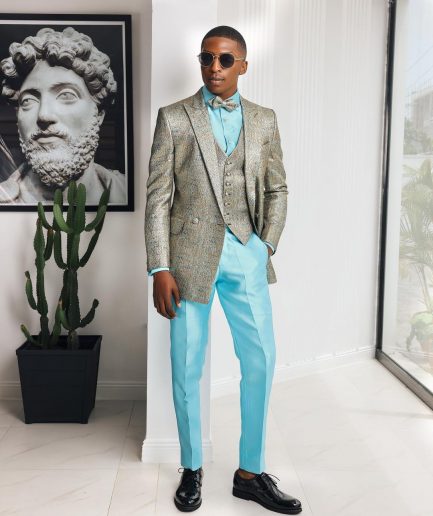 A Splashed gold & turquoise blue metallic jacquard double-breasted suit