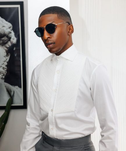 A White, Cut-Away Pleated Evening Tuxedo Shirt.