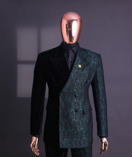 An Emerald green & black “rival” 1/4 cut ocean element peak lapel double breasted jacquard suit