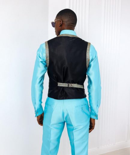 A Splashed gold & turquoise blue metallic jacquard classic waist coat with layered back cut.