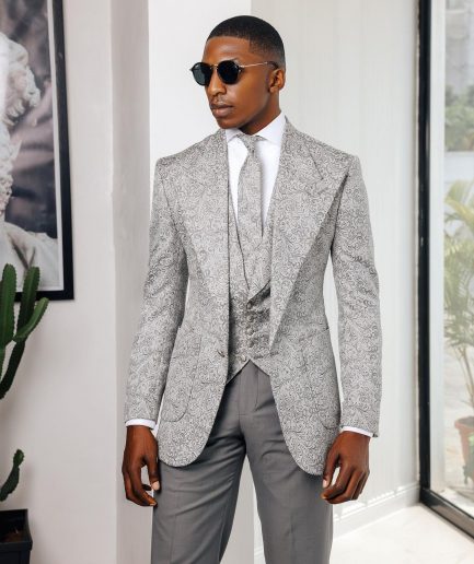 A Light grey & black floral jacquard peak lapel suit.