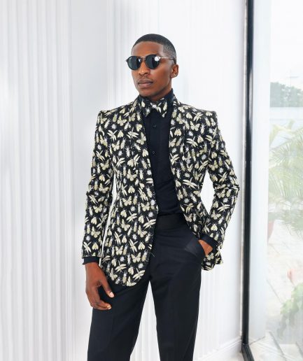 A Charcoal Black, insect element, metallic jacquard shawl lapel wrap suit