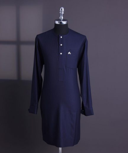 A Midnight blue,invisible stripe, jorgecarli, front flap with silver Swarovski button, long sleeve African senator kaftan native.