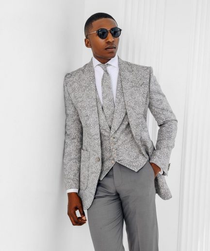 A Light grey & black floral jacquard peak lapel suit.